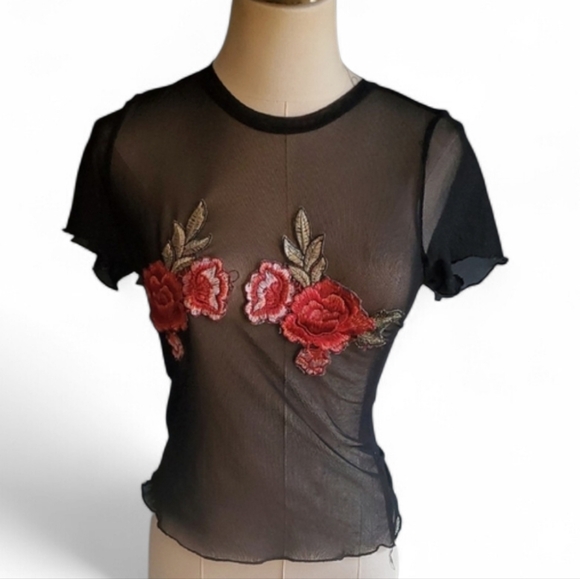Beware! Tops - Chic Black Sheer Top with Red Floral Design